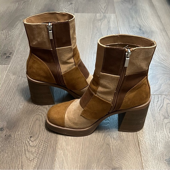 Brown and tan patchwork heeled boots - Picture 2 of 8